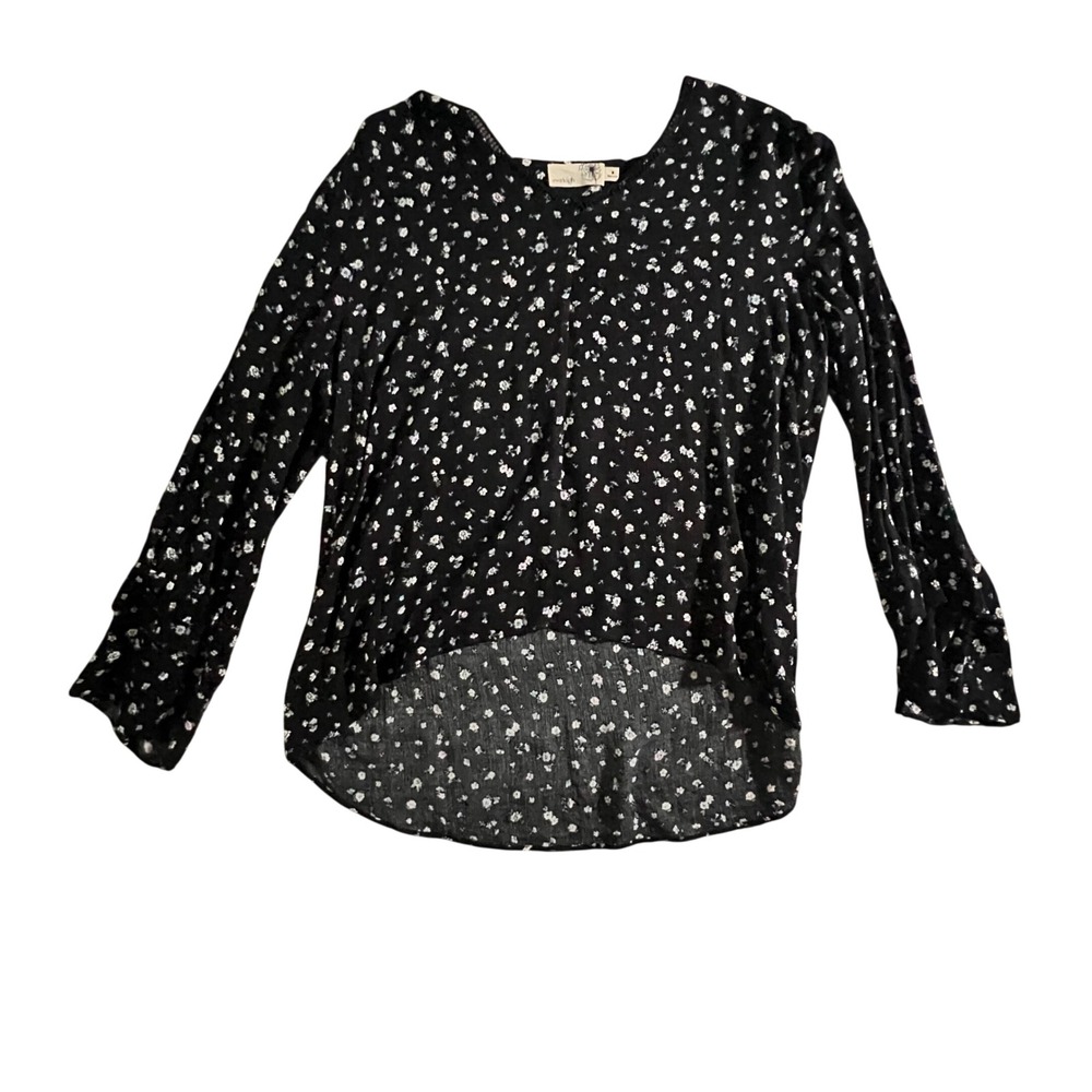 Everleigh Floral Blouse Women M Black Ditsy V-Neck High-Low Ruffle Cuff Boho Top